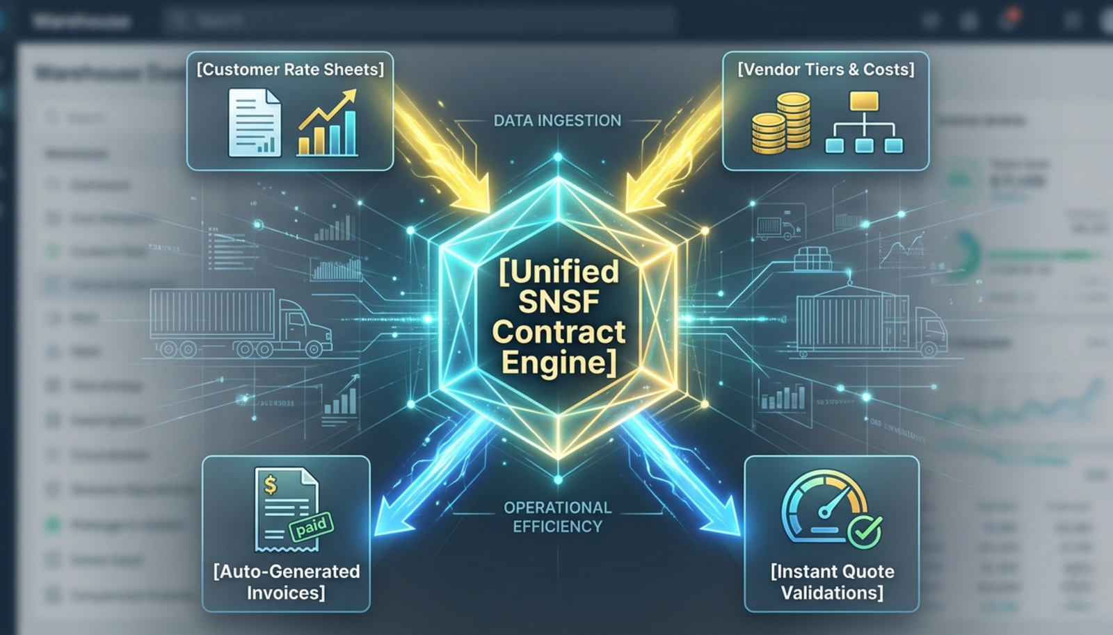 Store'n Ship-Fast (SNSF) WMS contract management integration engine showing customer rate sheets and automated vendor logistics billing workflows. 